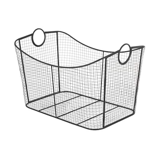 30.25" Black Metal Open Frame Wire Grid Storage Basket with Curved Sides & Ring Handles